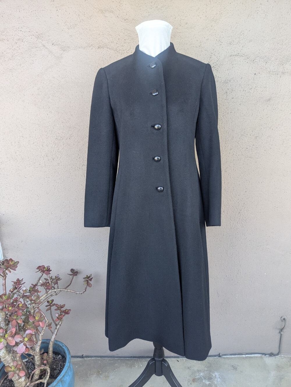 💜Vintage Regency Cashmere Black Mandarin Collar Maxi Coat Size 8